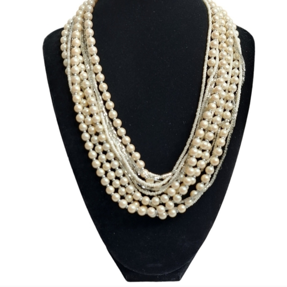 Women's 12 Layer Necklace Silver Tone Faux Pearls & Clear Beads 9.5 Inches - Picture 9 of 10